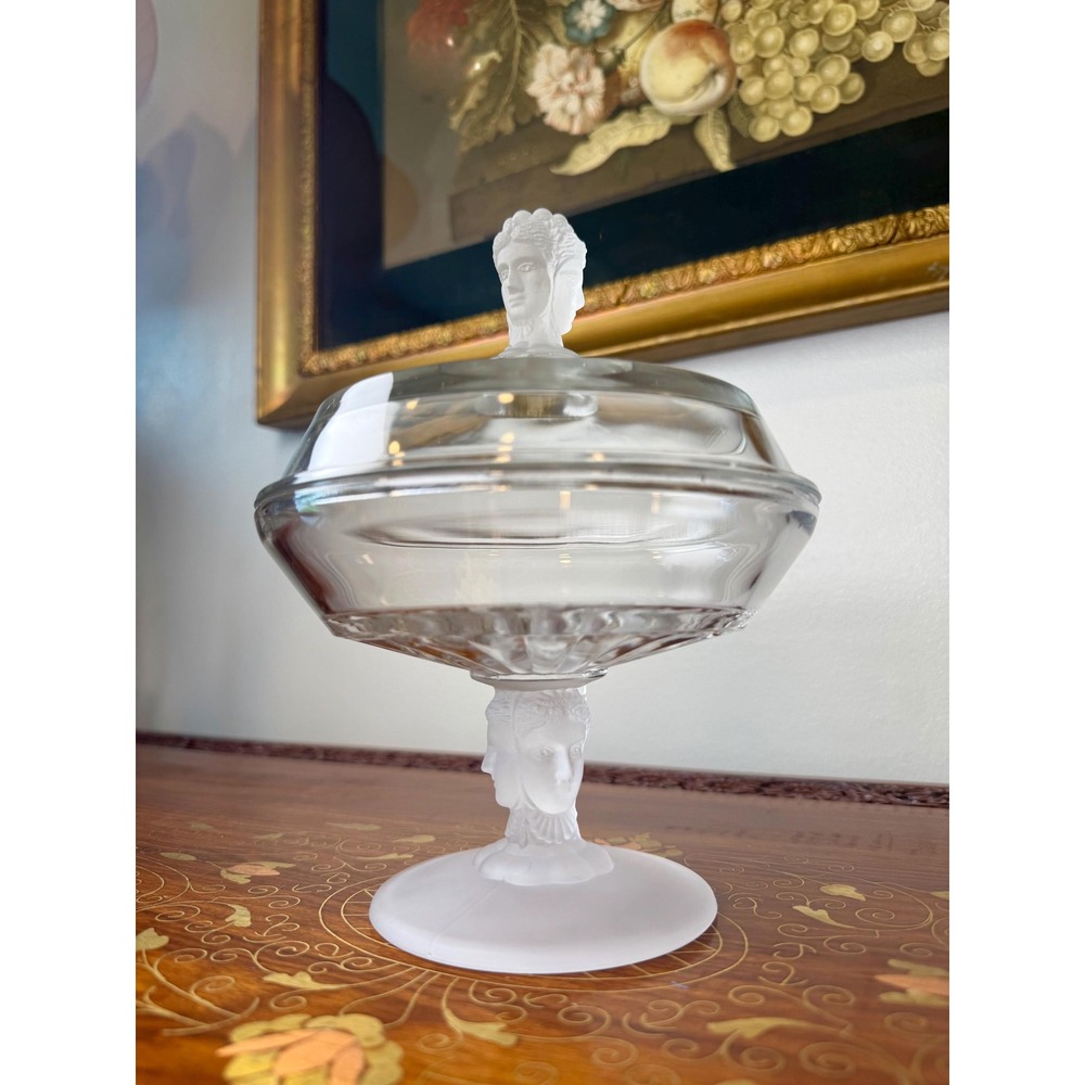 Antique EAPG Three Face Covered Compote • Duncan No. 400 Frosted Glass